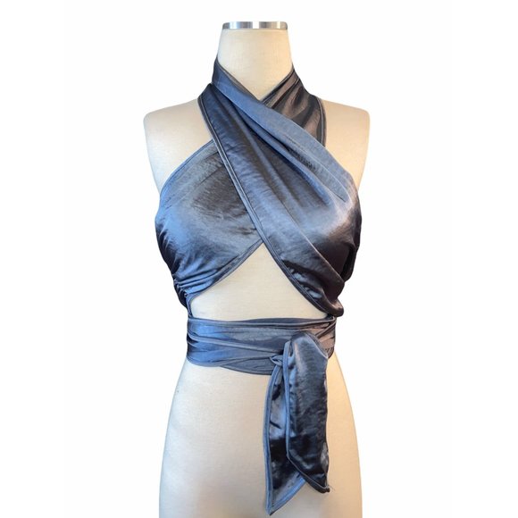 LPA 532 Midnight Blue Hammered Satin Top Medium - Picture 4 of 8